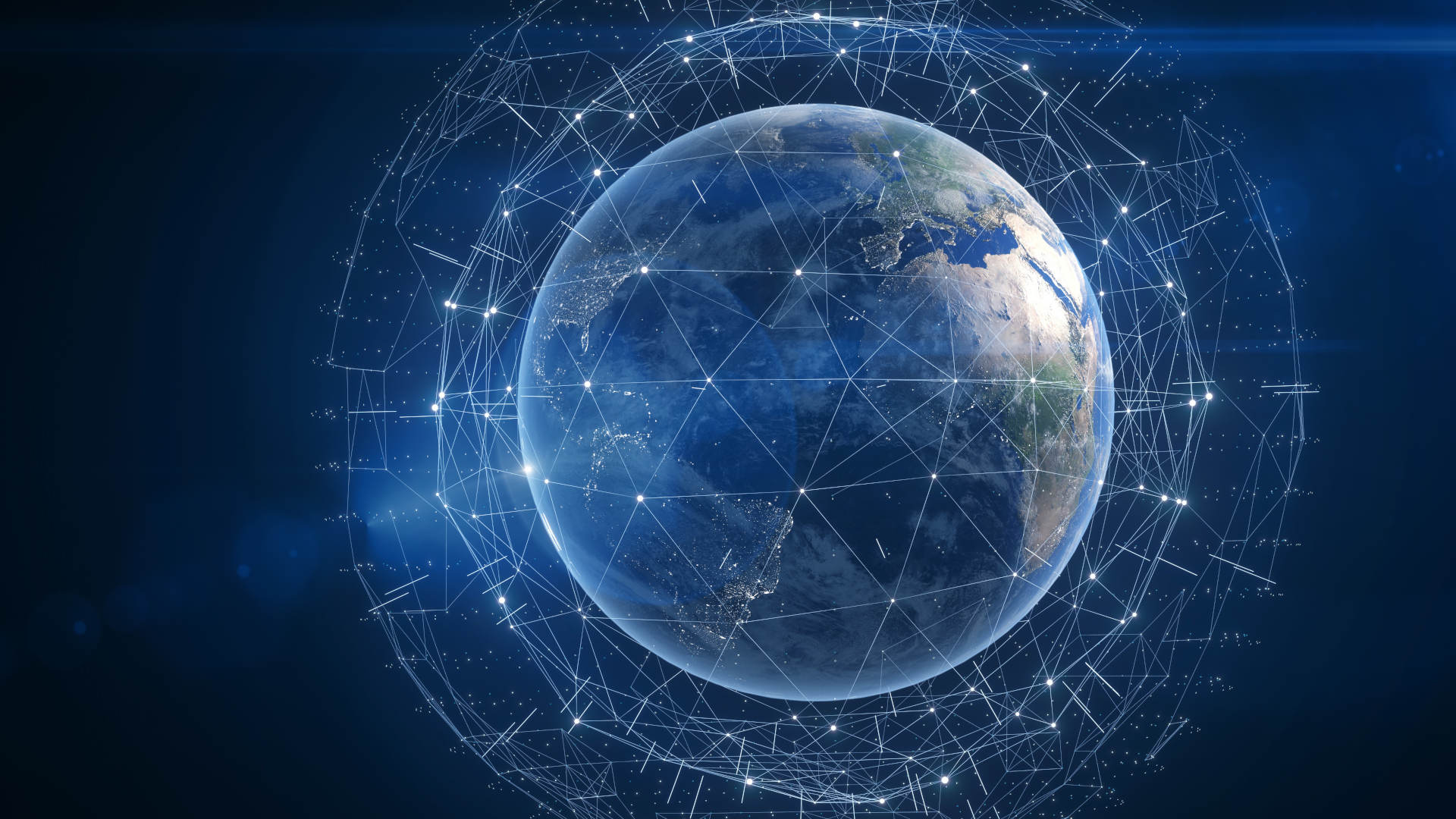 A digital illustration of a network of satellites around the Earth.